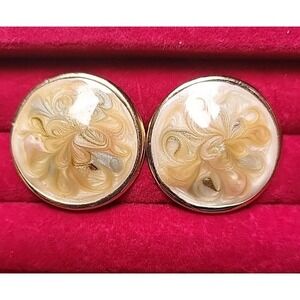 Vintage Earrings Gold‎ Time Cream Swirl Art Deco Disc Circles Large